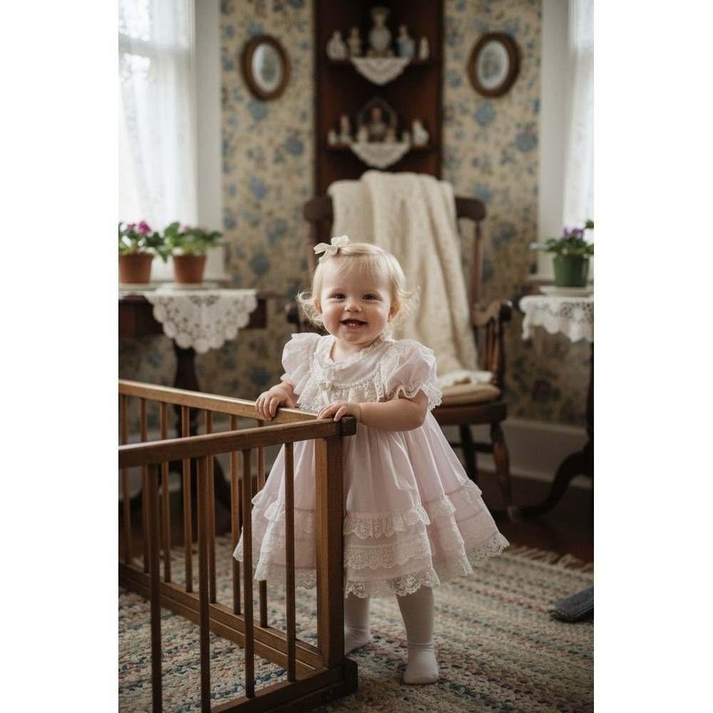 Bryan Baby Girl Party‎ Dress Pink Lace Ruffle Satin Ribbon Rosette 3-6M vintage